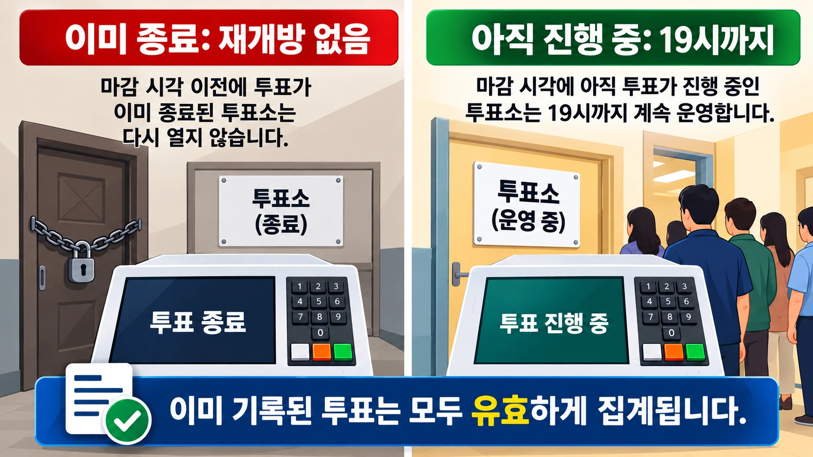 오후 5시에 이미 종료된 투표소와 투표 중이던 투표소의 처리 방식 차이를 비교한 인포그래픽