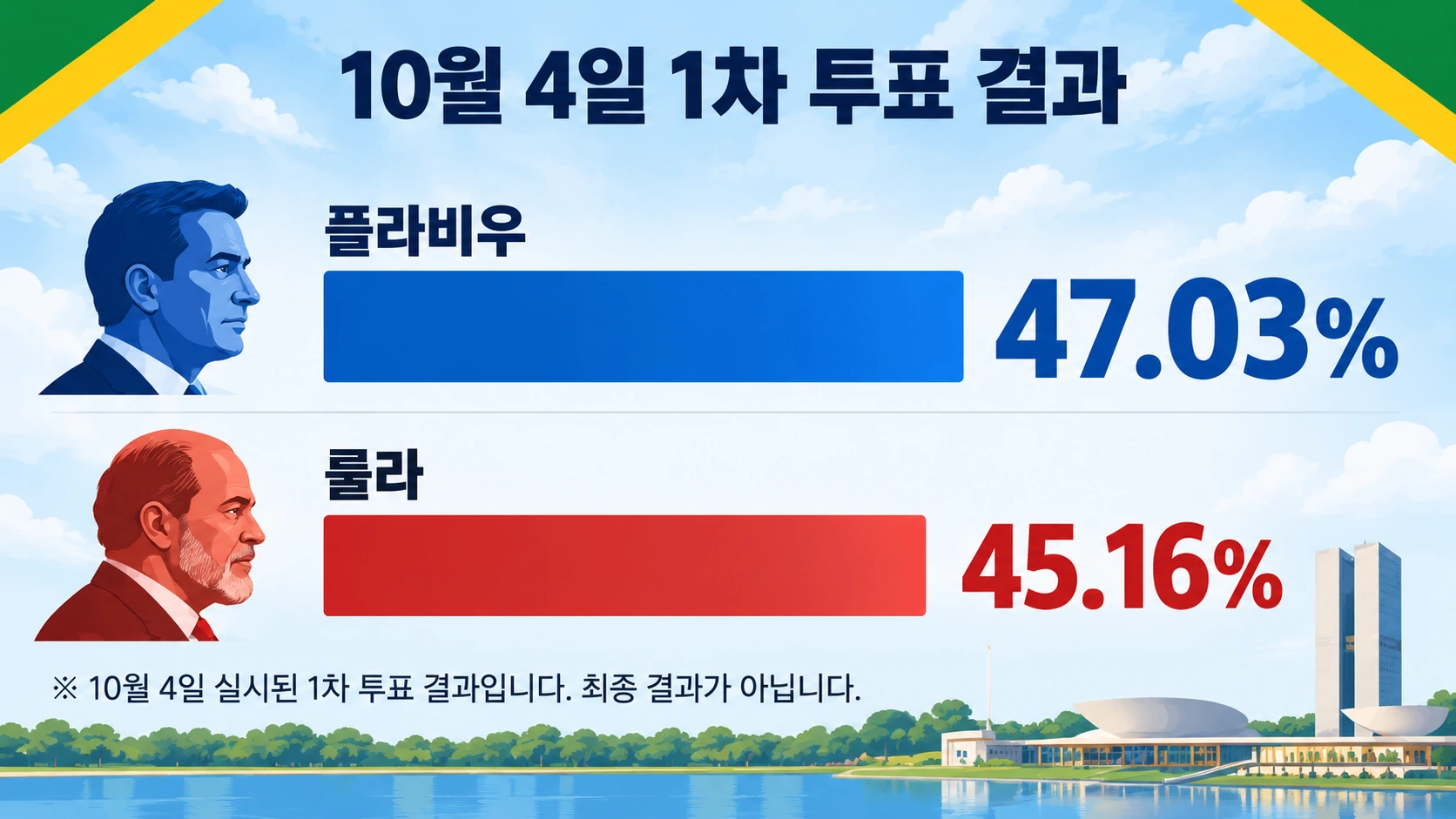 브라질 대선 1차 투표에서 플라비우 보우소나루 47.03%, 룰라 45.16%를 기록한 결과를 비교한 그래프