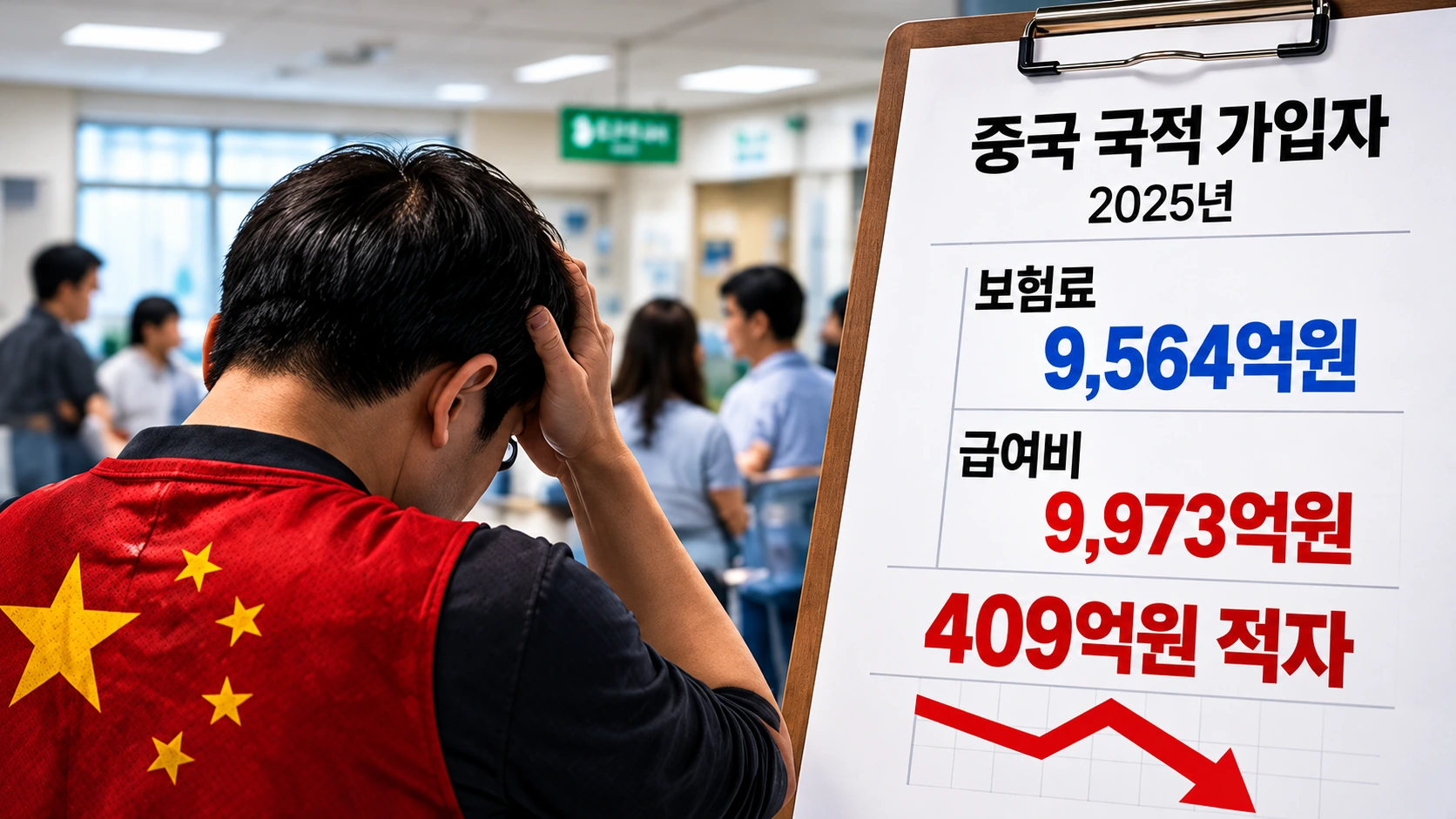 중국 국적 가입자의 2024년 대비 2025년 건강보험료 증가율 2.1%와 급여비 증가율 7.1%를 비교한 그래프