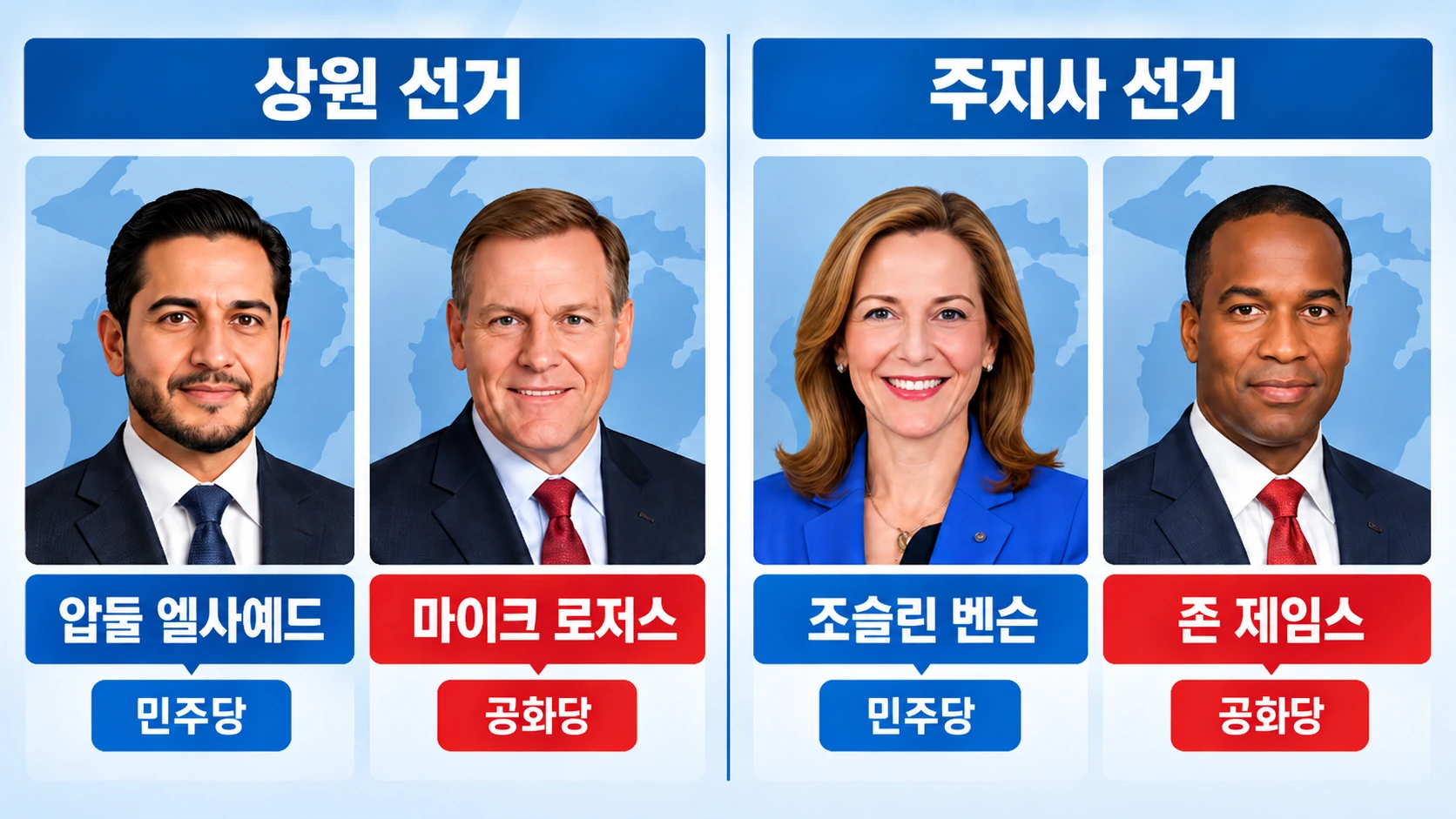 미시간 상원 선거의 압둘 엘사예드와 마이크 로저스, 주지사 선거의 조슬린 벤슨과 존 제임스를 구분한 관계도