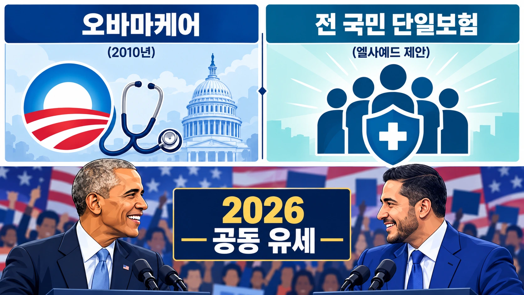 오바마의 건강보험개혁법과 엘사예드의 전 국민 단일보험 구상 간 정책적 차이와 2026년 공동 유세를 연결한 도식