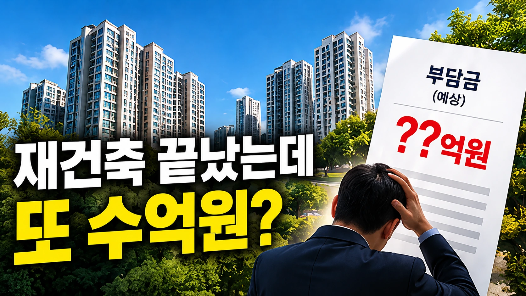 완공된 고층 아파트와 재건축 초과이익환수 부담금 고지서를 대비해 보여주는 대표 일러스트