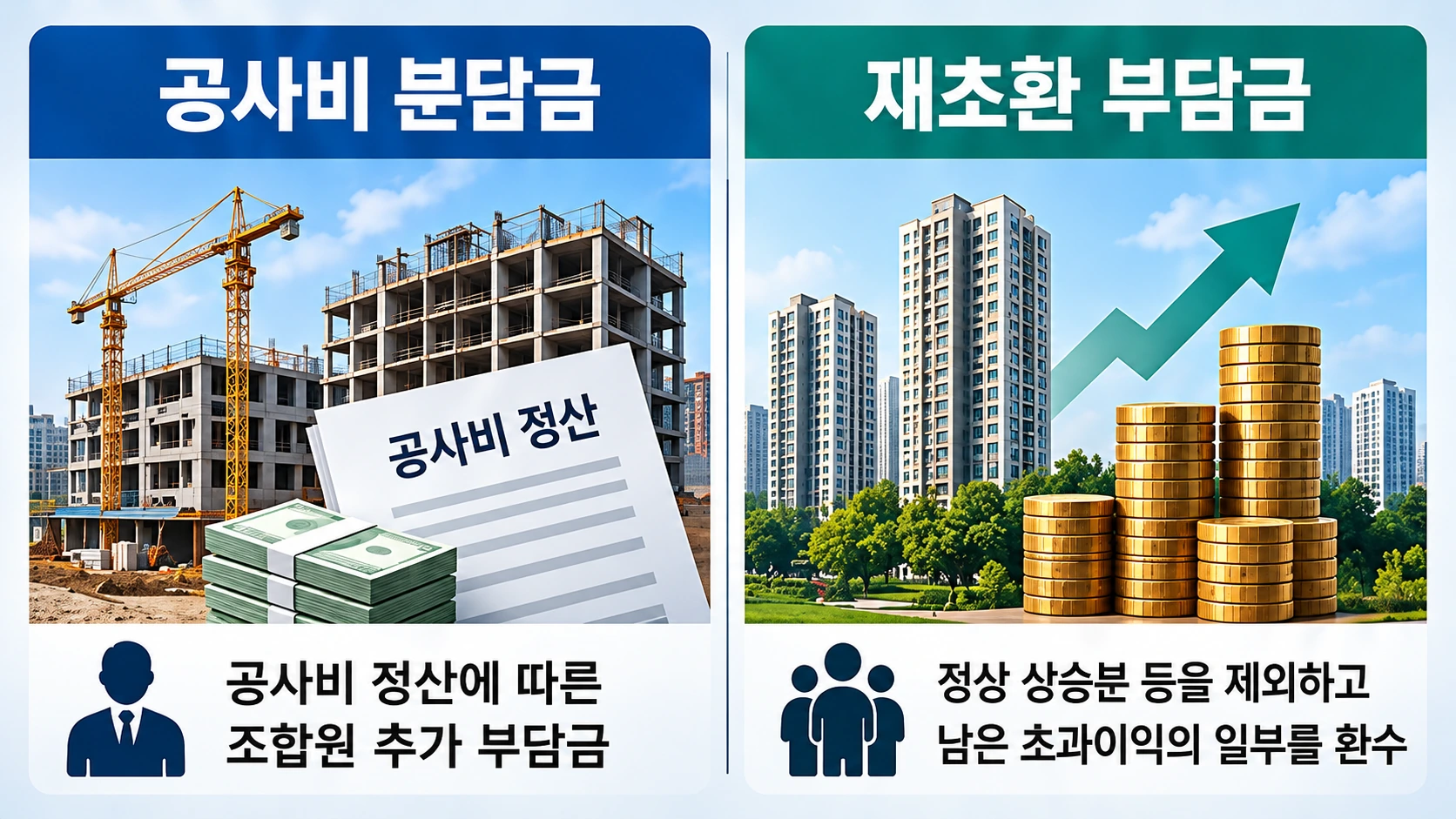 재건축 공사비 추가 분담금과 초과이익환수 부담금의 목적과 산정 기준을 비교한 인포그래픽