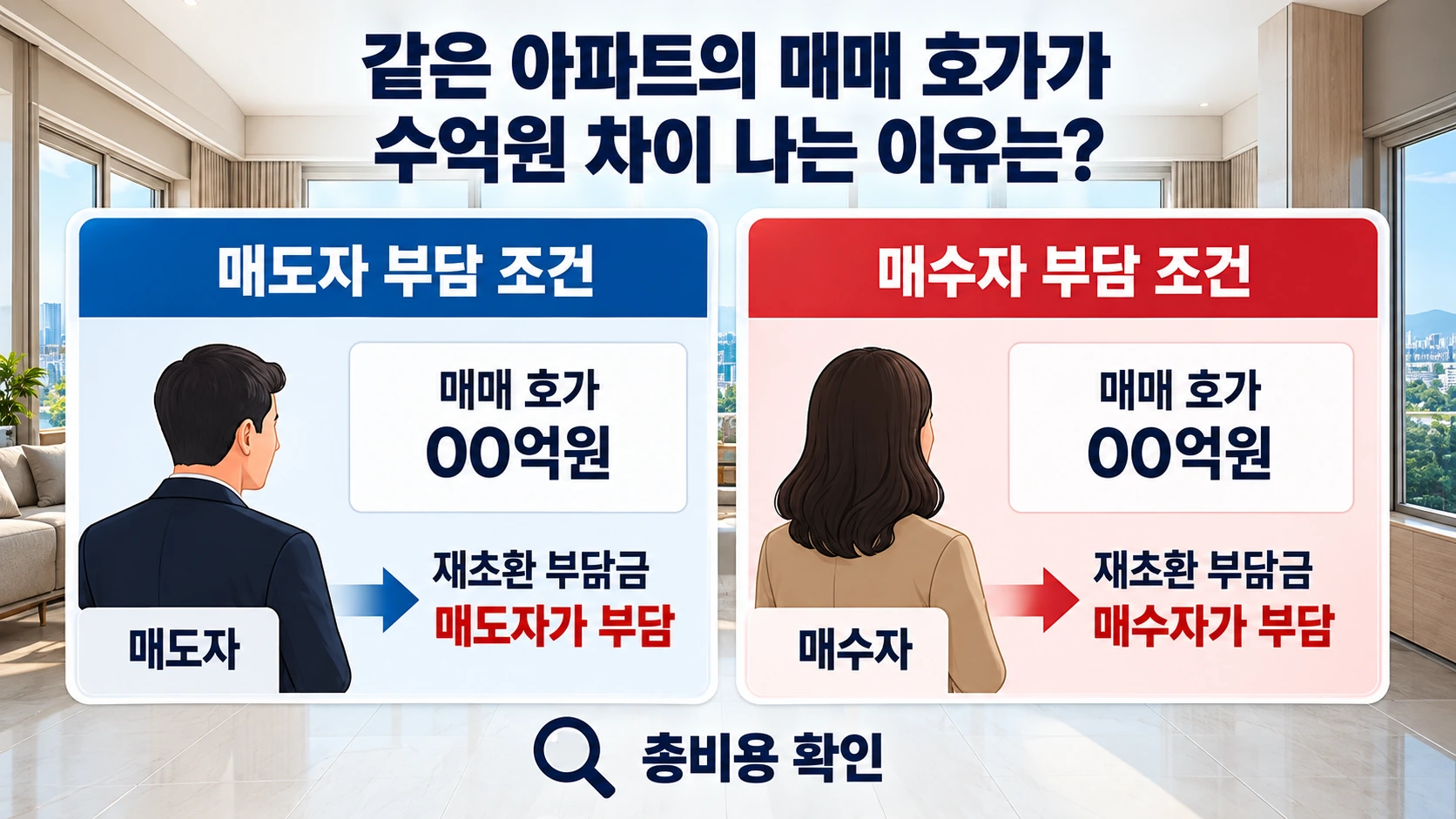 재초환 부담금을 매도자와 매수자 중 누가 부담하느냐에 따라 달라지는 아파트 매매 조건을 비교한 인포그래픽