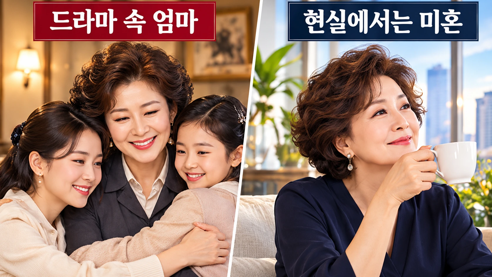 드라마 속 어머니 역할을 연기하는 윤미라와 실제 일상에서 혼자 생활하는 윤미라를 비교한 일러스트