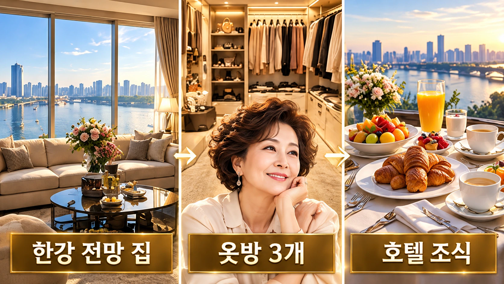 한강이 보이는 거실과 옷방 세 개, 호텔 아침 식사로 구성된 윤미라의 싱글 생활을 보여주는 인포그래픽