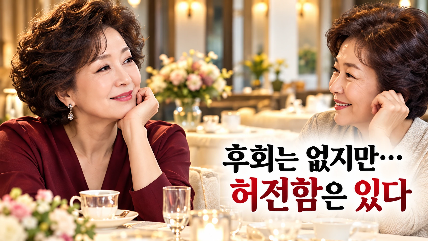 배우 윤미라가 여동생과 호텔 식사 자리에서 결혼에 대한 속마음과 앞으로의 인연을 이야기하는 모습을 표현한 일러스트