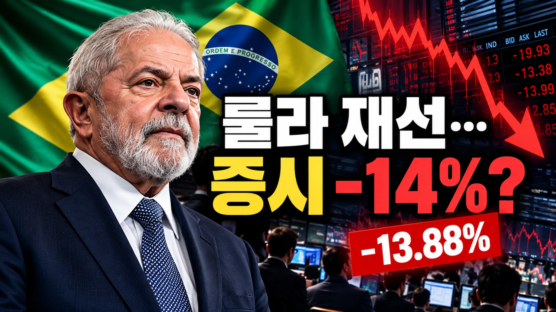 룰라 브라질 대통령의 재선과 브라질 증시 13.88% 급락을 대비한 뉴스 일러스트