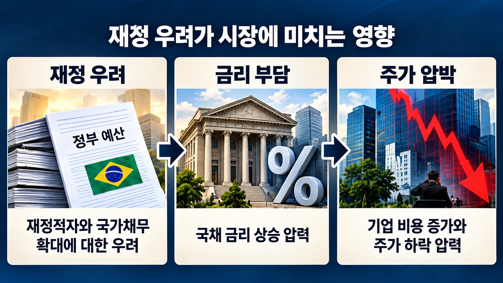 `브라질 정부 지출과 국가채무에 대한 우려가 금리·기업투자·주가에 연결되는 구조도`