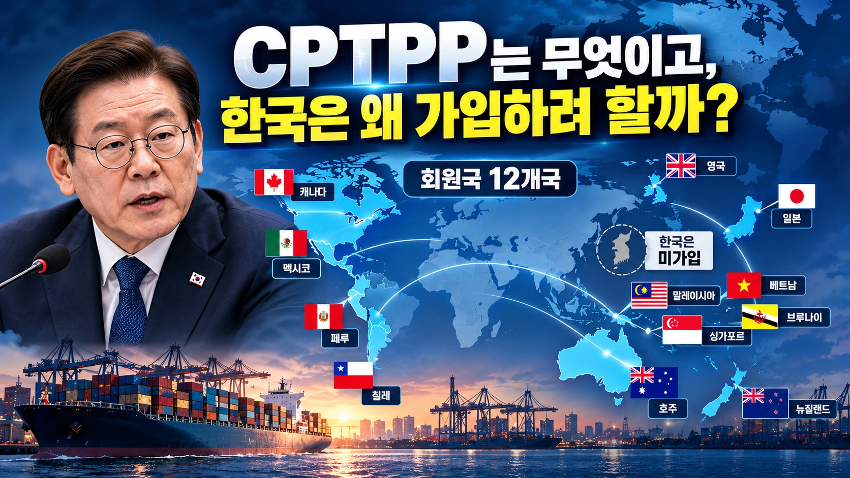 한국은 빠져 있고 일본 영국 호주 등 12개 나라가 가입한 CPTPP 회원국 구성을 보여주는 지도형 인포그래픽