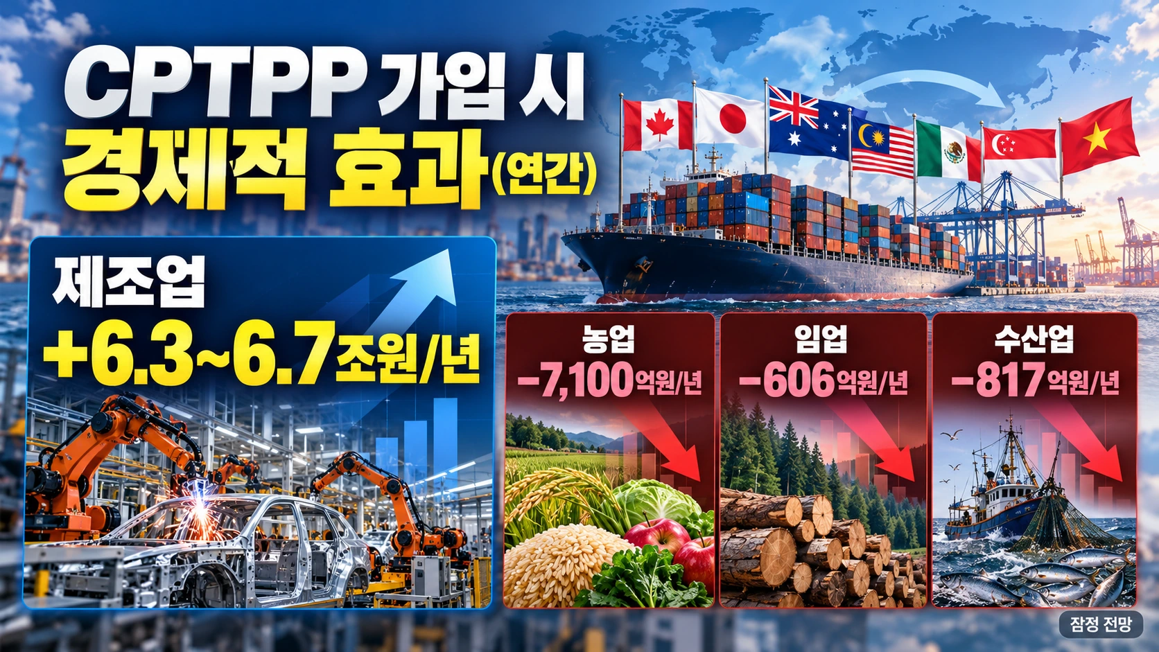 정부가 잠정 추산한 CPTPP 가입의 제조업 생산파급효과 증가와 농업 임업 수산업 생산 감소를 비교한 인포그래픽