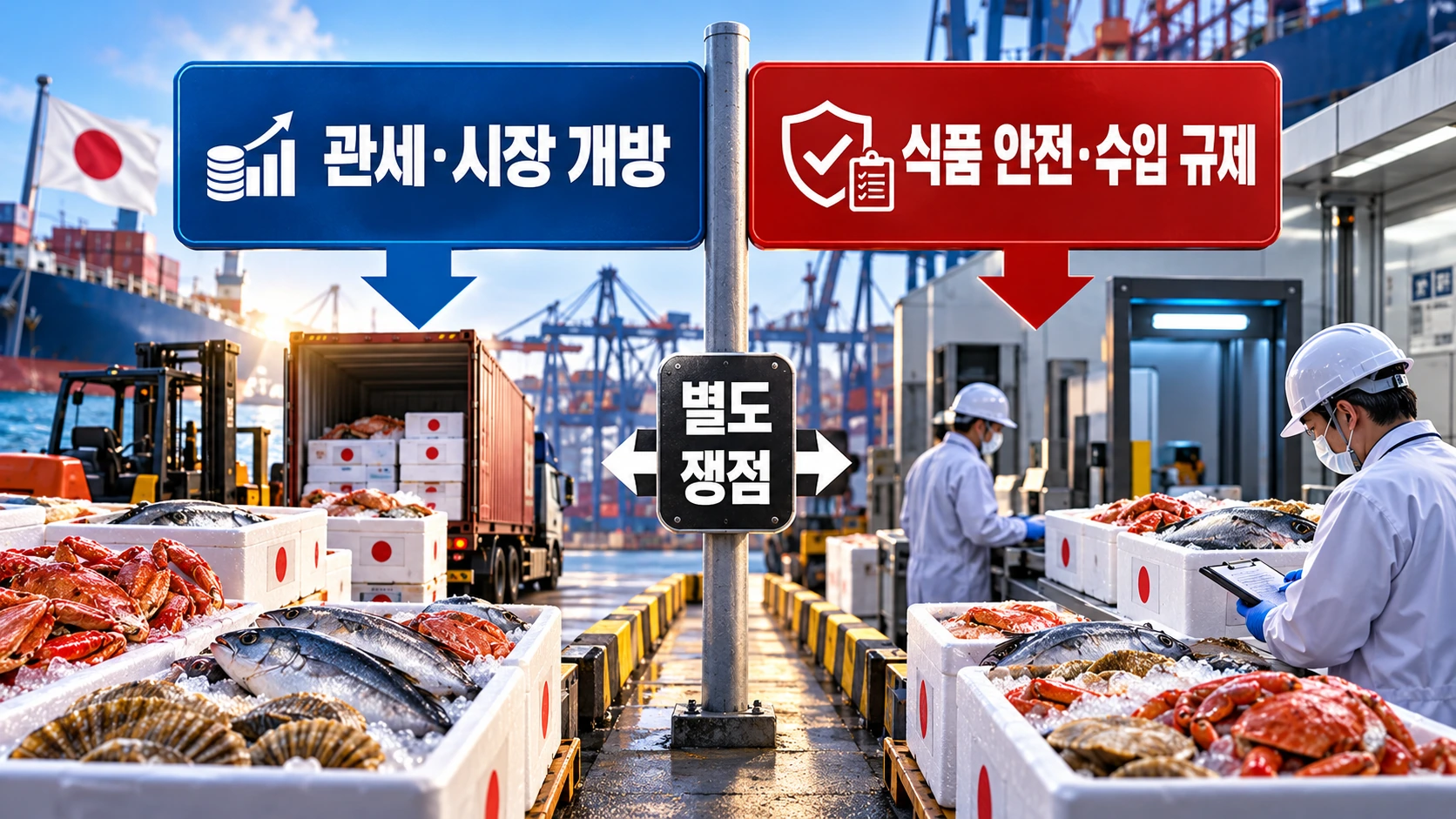 일본산 수산물 관련 관세 개방과 방사능 검사 및 수입 제한 쟁점을 구분해 설명한 두 갈래 인포그래픽