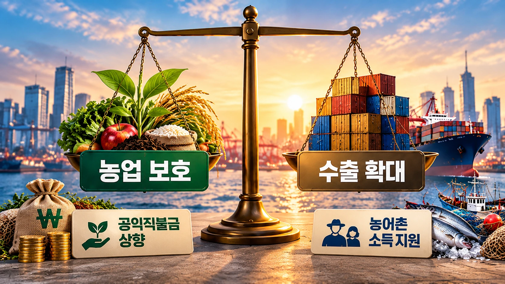 수출 확대에 따른 혜택과 농어민 지원 필요성을 저울로 나타낸 CPTPP 피해 보완 대책 인포그래픽
