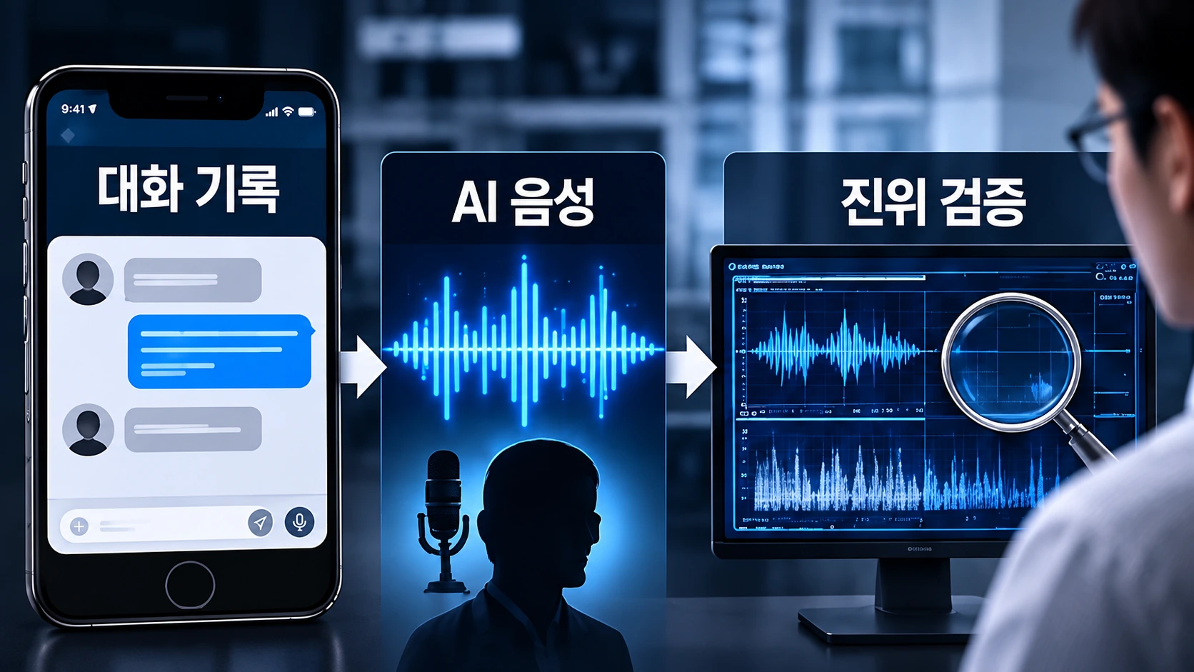 카카오톡 대화 화면과 AI 음성파일이 디지털 포렌식에서 검증되는 과정을 나타낸 설명형 인포그래픽