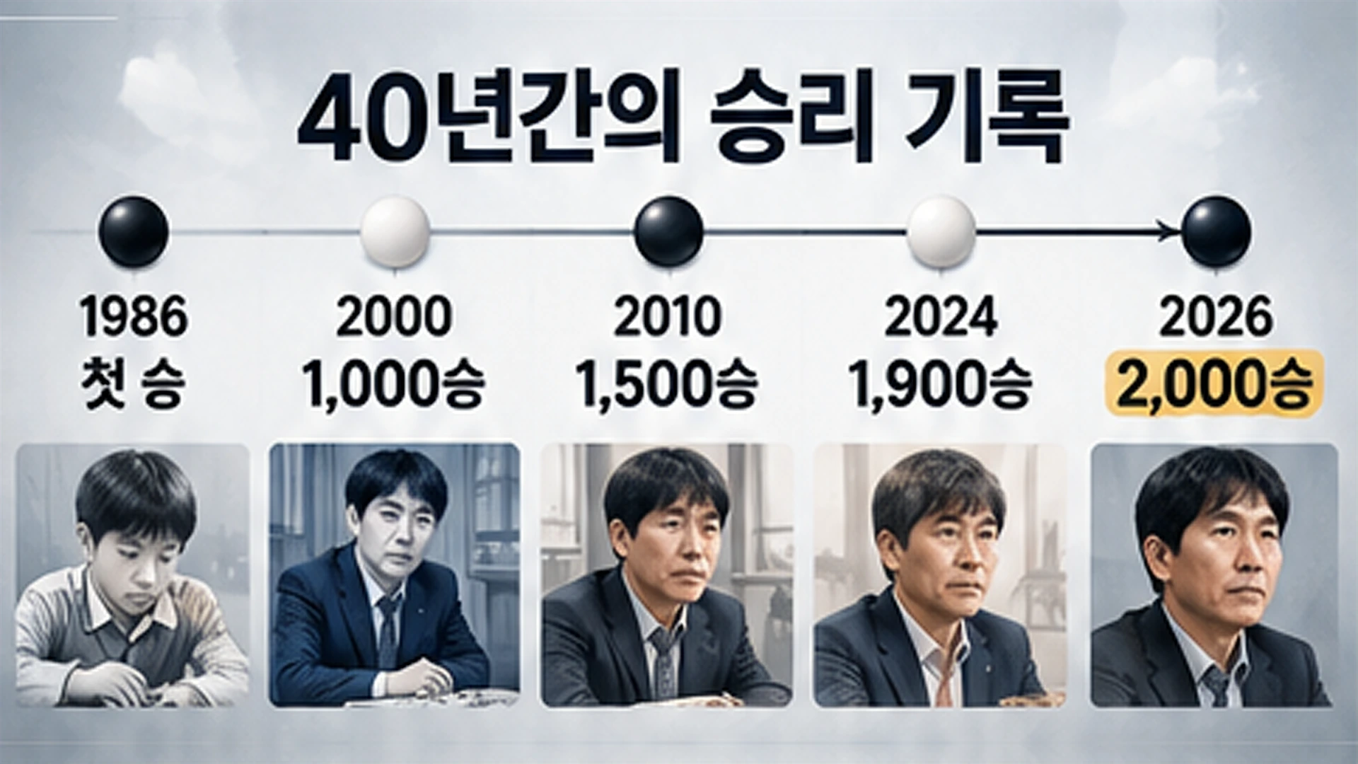 1986년 첫 승부터 2026년 통산 2000승까지 이창호 9단의 주요 기록을 시간순으로 보여주는 타임라인