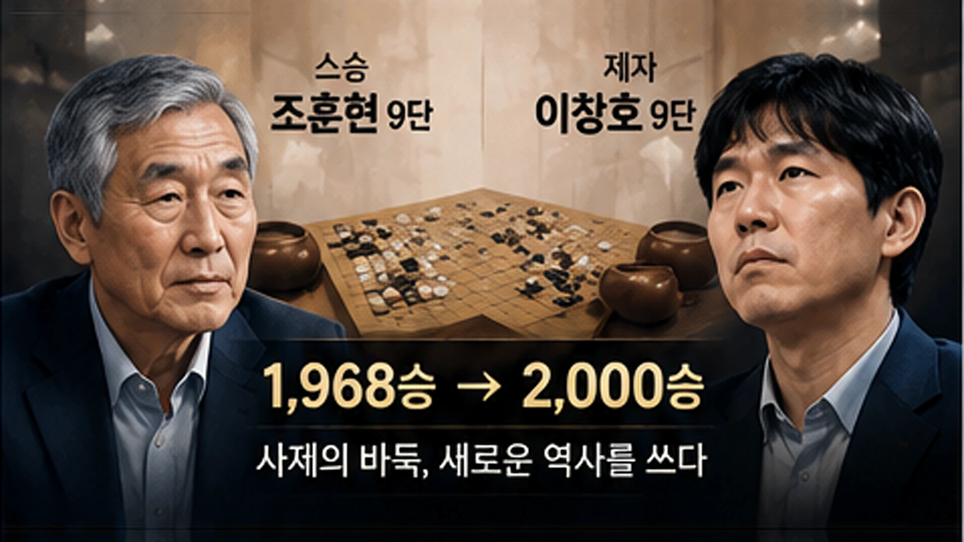 바둑 스승 조훈현 9단과 제자 이창호 9단의 관계, 사제 대결과 통산 최다승 기록 변화를 설명한 인포그래픽