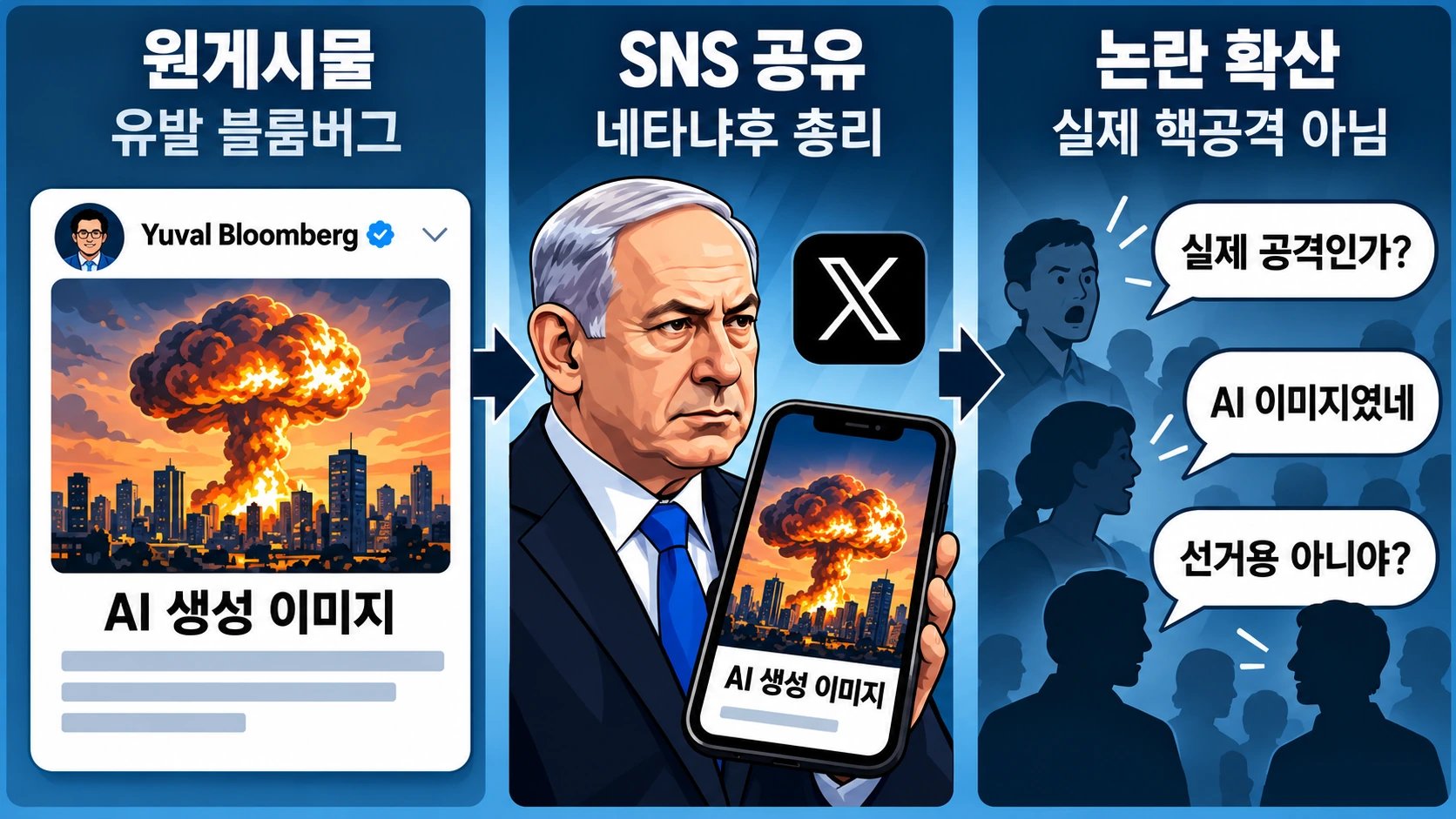 네타냐후가 SNS에서 공유한 가상의 텔아비브 핵폭발 이미지와 실제 사건 여부를 구분하는 설명 인포그래픽