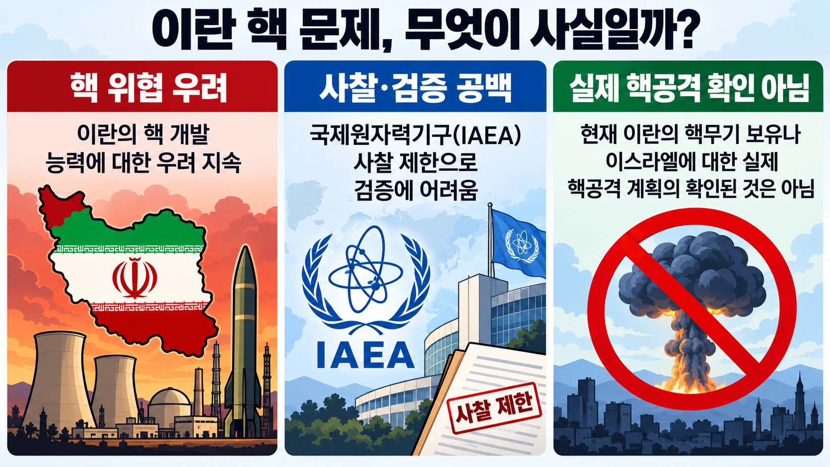 이란 핵 위협에 관한 정치적 경고와 국제원자력기구의 검증 한계를 구분한 세 칸 비교 인포그래픽