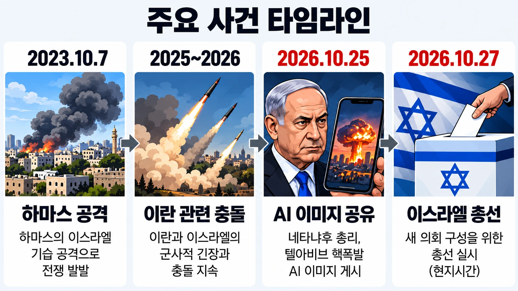 2023년 하마스 공격부터 2026년 이스라엘 총선까지 안보와 선거의 주요 사건을 표시한 타임라인