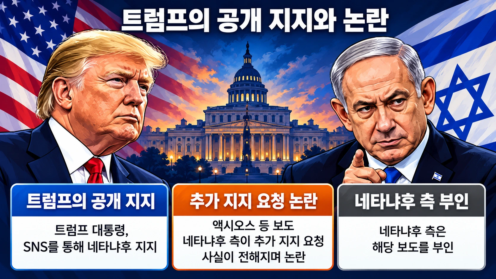 트럼프 대통령의 네타냐후 공개 지지와 네타냐후의 추가 지지 요청 보도, 당사자 부인을 구분하는 관계도