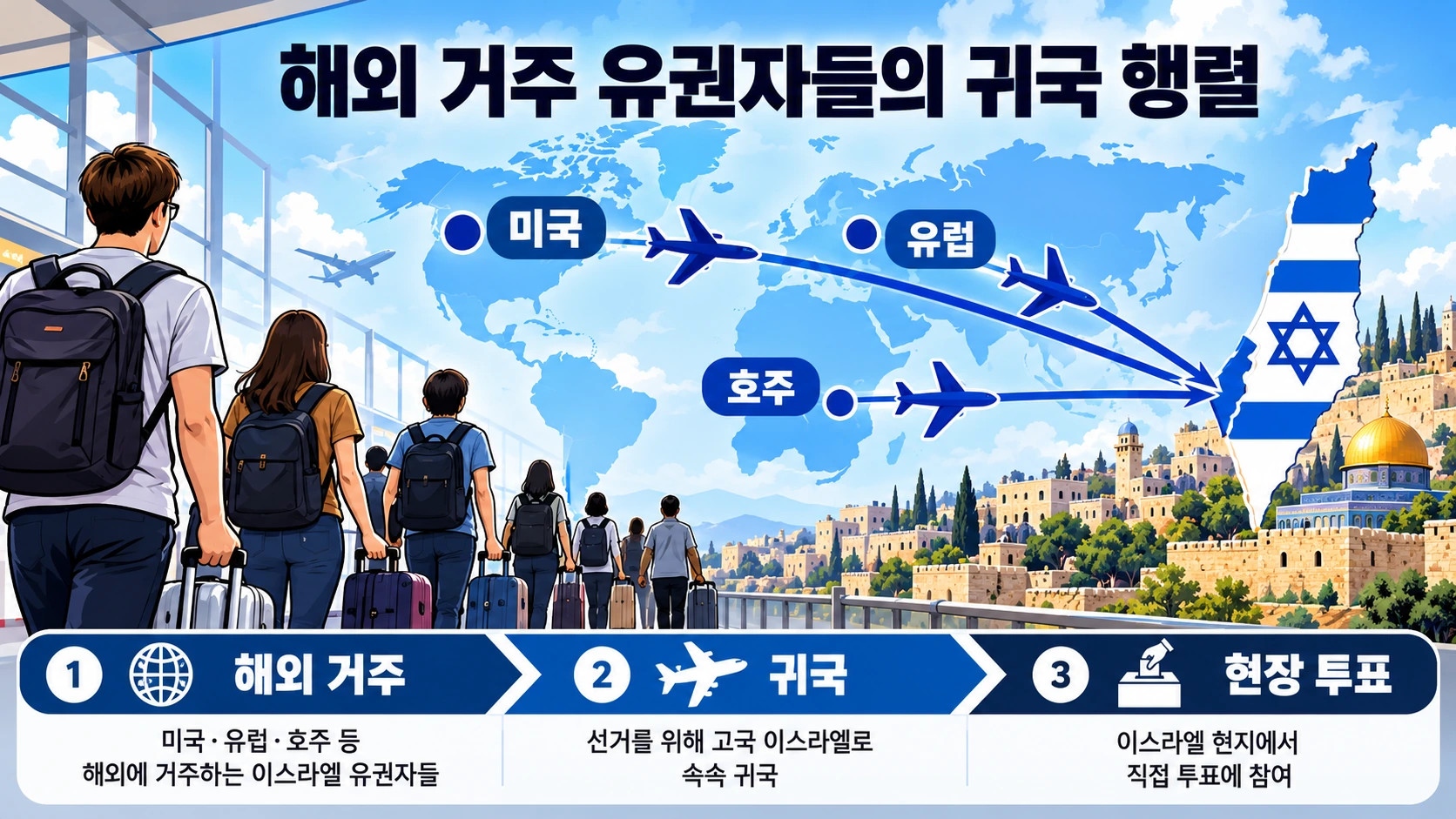 해외에서 비행기를 타고 이스라엘로 돌아와 투표하는 유권자의 이동 경로를 묘사한 지도형 인포그래픽