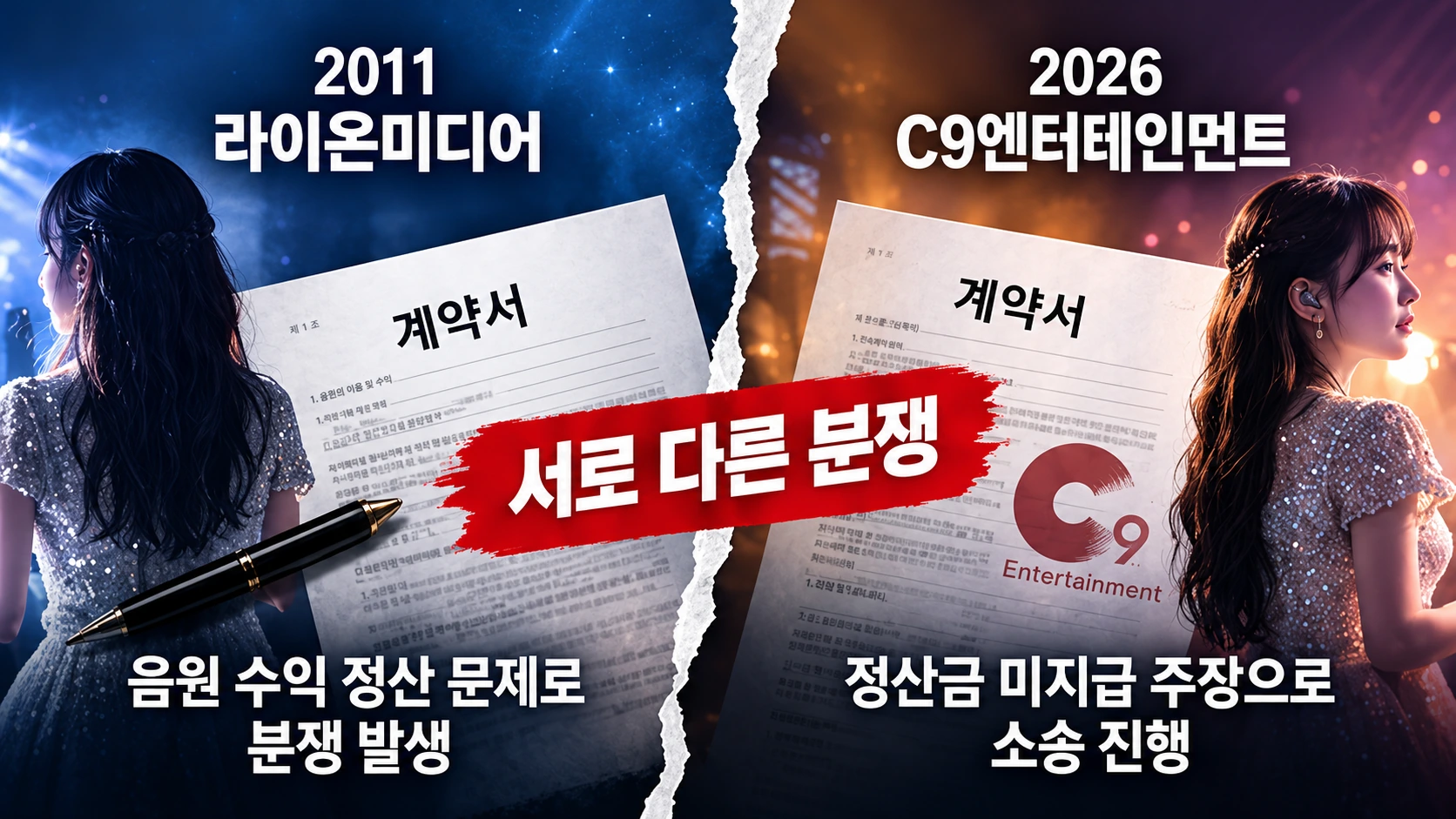 윤하의 2011년 라이온미디어 전속계약 분쟁과 2026년 C9 정산금 소송을 서로 다른 사건으로 비교한 인포그래픽