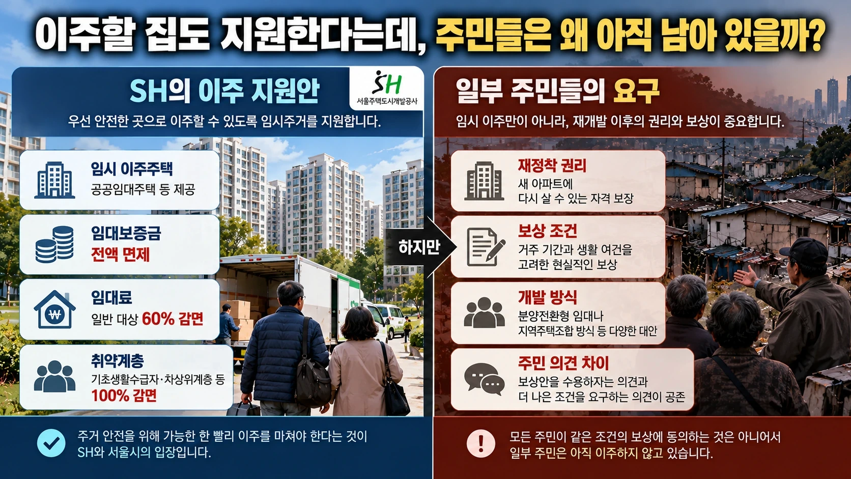 구룡마을 재개발 과정에서 SH의 이주 지원안과 일부 주민의 재정착 및 보상 요구를 비교한 인포그래픽