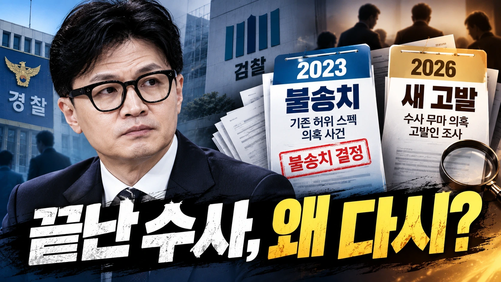 한동훈 의원과 2023년 불송치 사건 및 2026년 수사 무마 의혹을 대비한 뉴스 해설 일러스트
