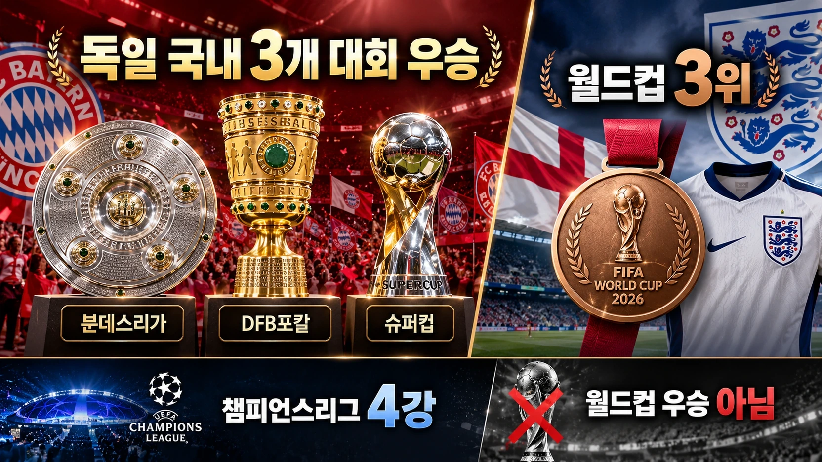 케인의 바이에른 뮌헨 독일 리그·컵·슈퍼컵 우승과 잉글랜드 월드컵 3위를 비교한 그래픽
