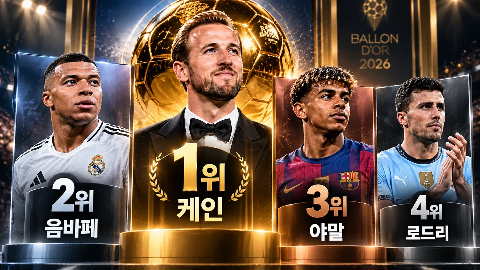 2026 발롱도르 남자 부문 1위 해리 케인, 2위 음바페, 3위 야말과 4위 로드리 순위 비교