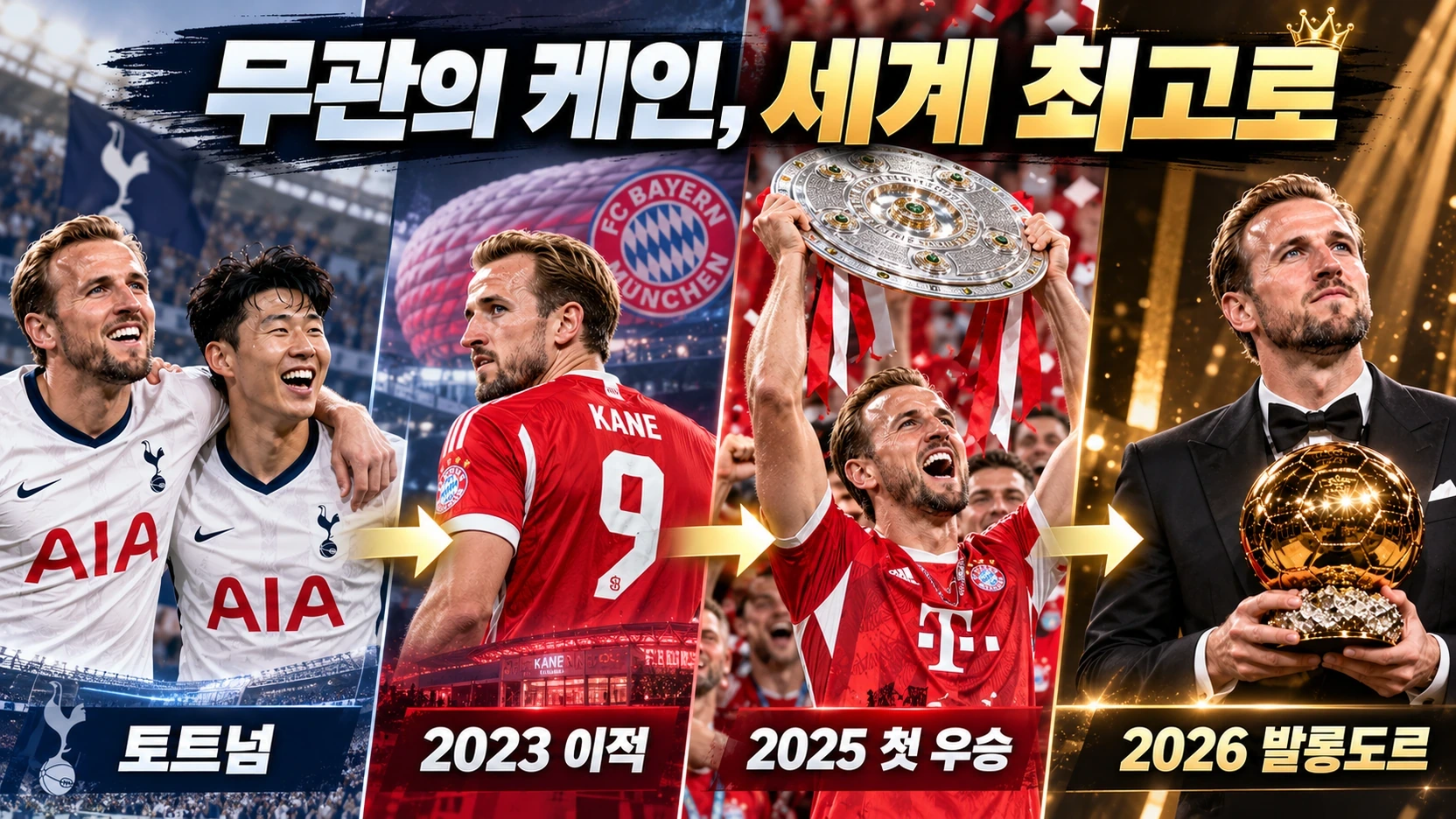 손흥민과 토트넘에서 활약하던 해리 케인이 바이에른 뮌헨 우승을 거쳐 2026 발롱도르에 오른 경로를 설명한 타임라인