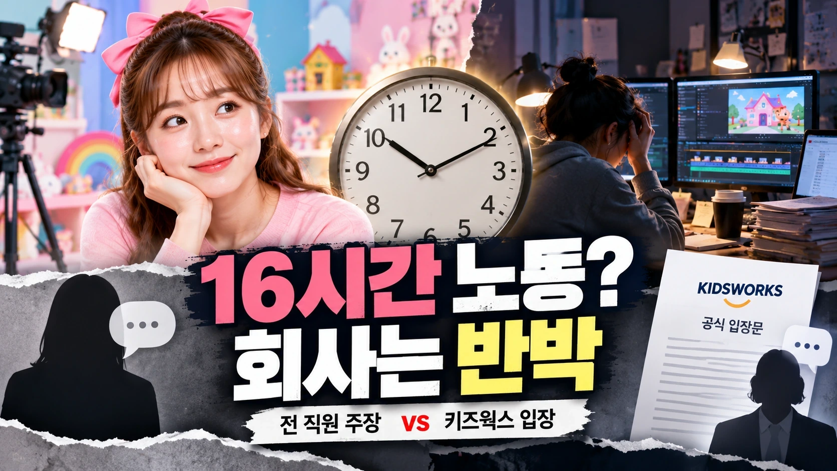 헤이지니 노동 논란을 상징하는 콘텐츠 제작 스튜디오와 근무시간·회사 입장 대비 일러스트