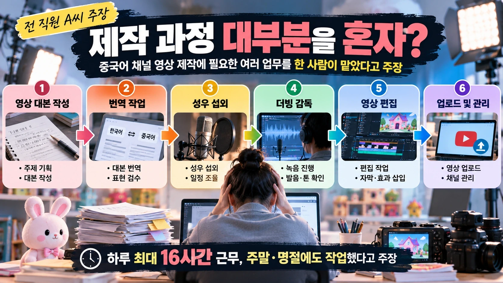 전 직원이 담당했다고 주장한 중국어 영상 콘텐츠의 대본·번역·성우 섭외·더빙·편집·업로드 업무 흐름