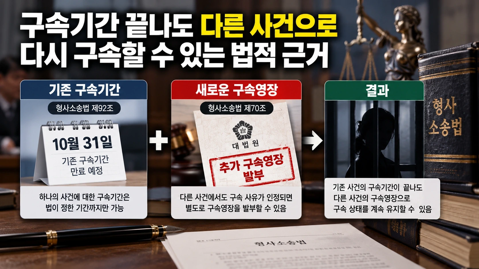 기존 사건의 구속기간 만료와 별도 사건에 따른 신규 구속영장 발부를 구분한 법적 구조도