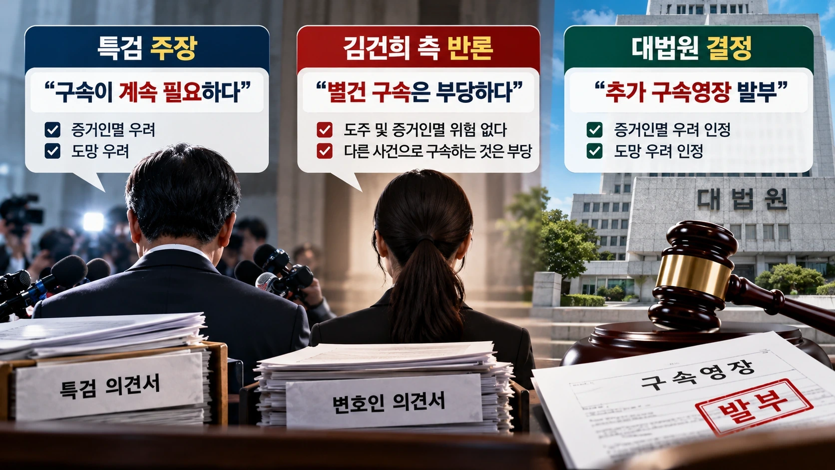 김건희 추가 구속 심문에서 특검의 구속 필요 주장과 변호인단의 반론, 대법원 판단을 비교한 인포그래픽