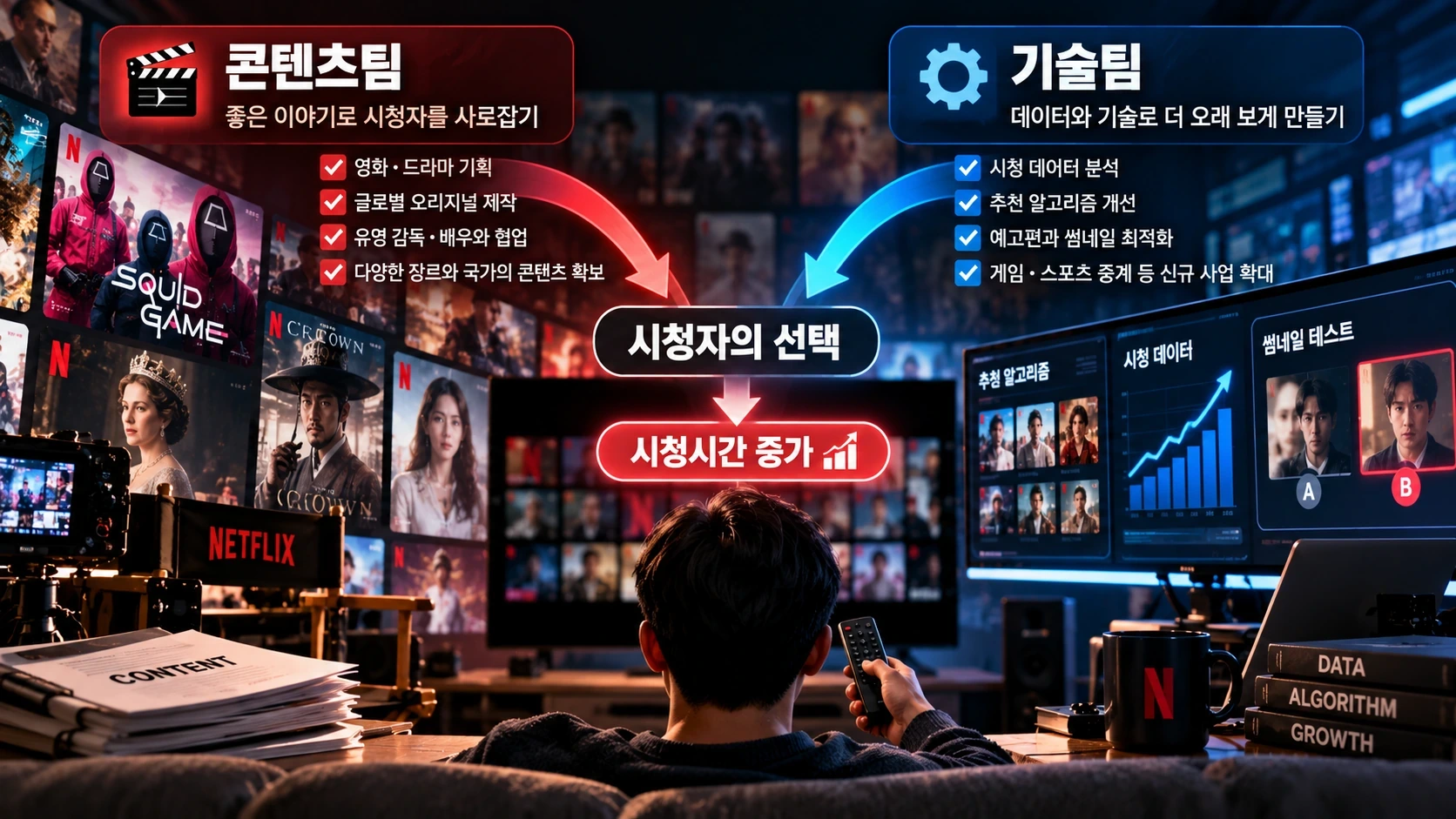 같은 넷플릭스 작품을 서로 다른 썸네일과 추천 화면으로 소개하는 방식을 비교한 일러스트