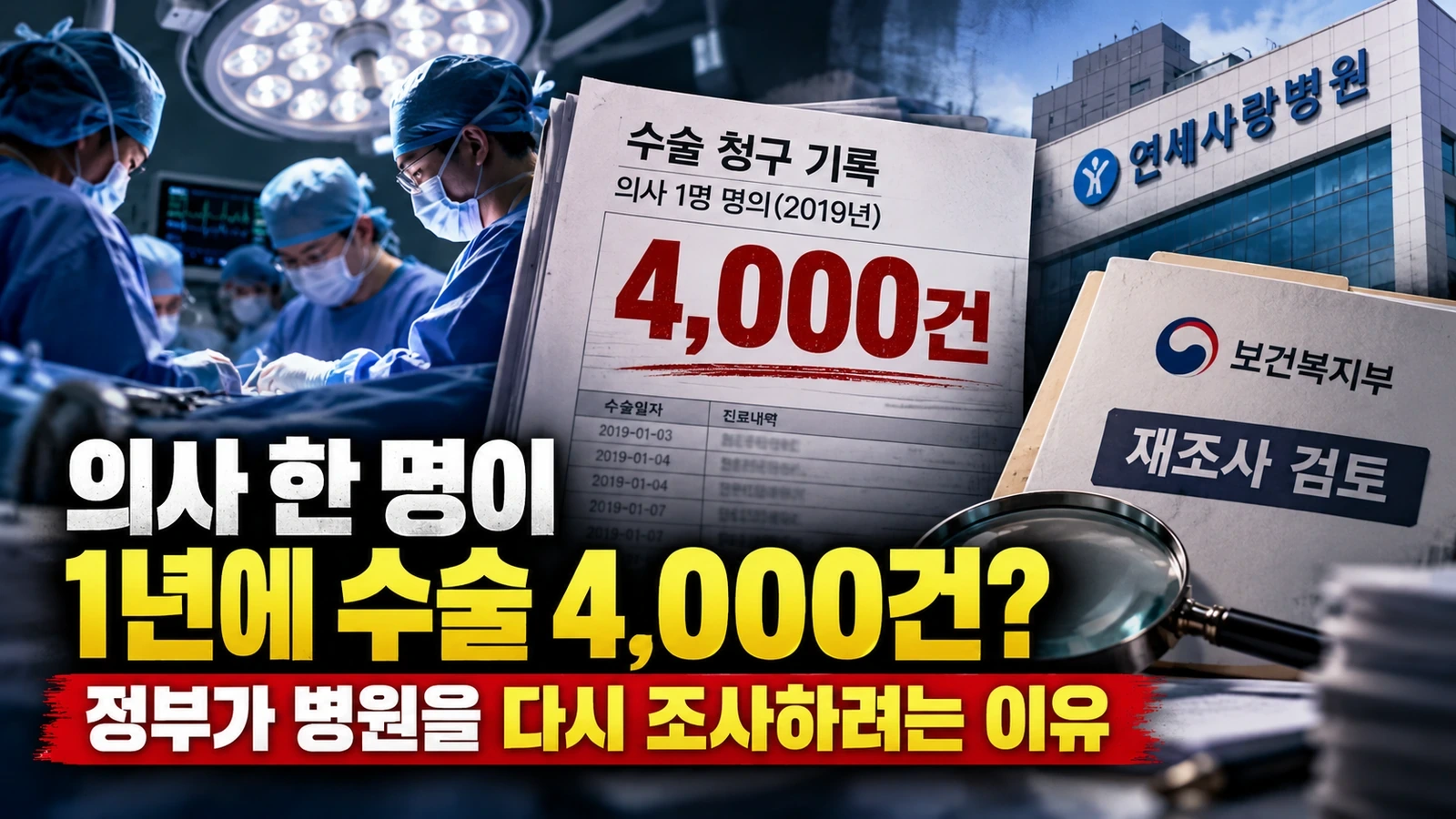 수술실을 배경으로 의사 한 명의 연간 수술 청구 4,000건과 정부 재조사 검토를 보여주는 대표 일러스트