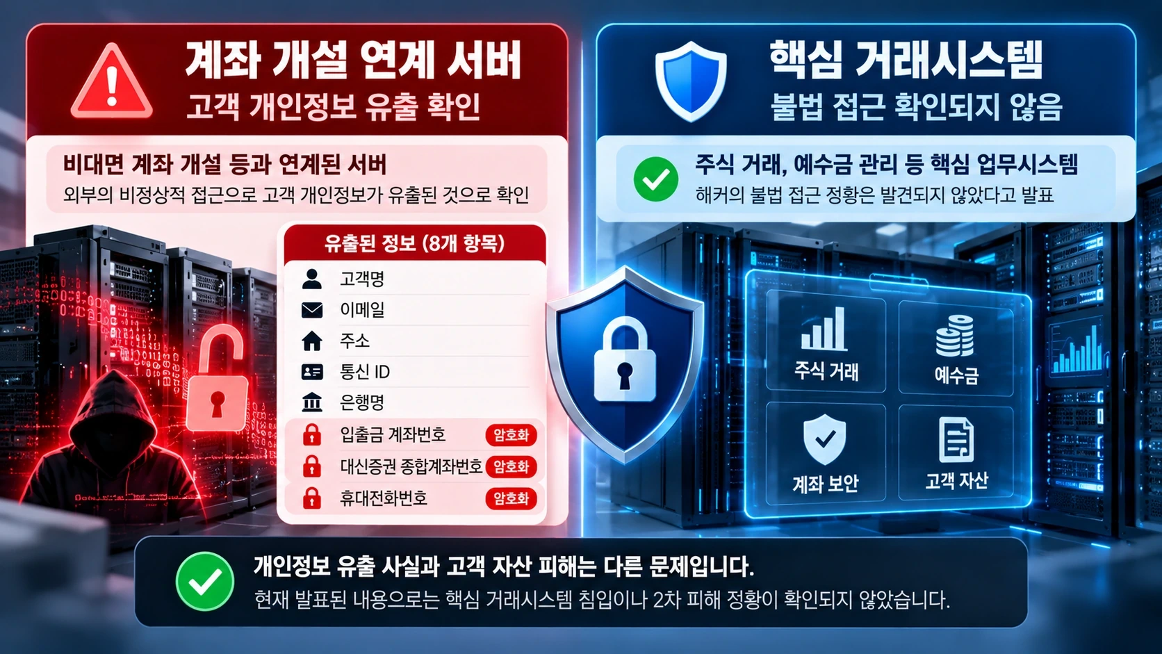 계좌 개설 연계 서버의 개인정보 유출과 핵심 거래시스템 침입 여부를 별개로 구분한 개념도