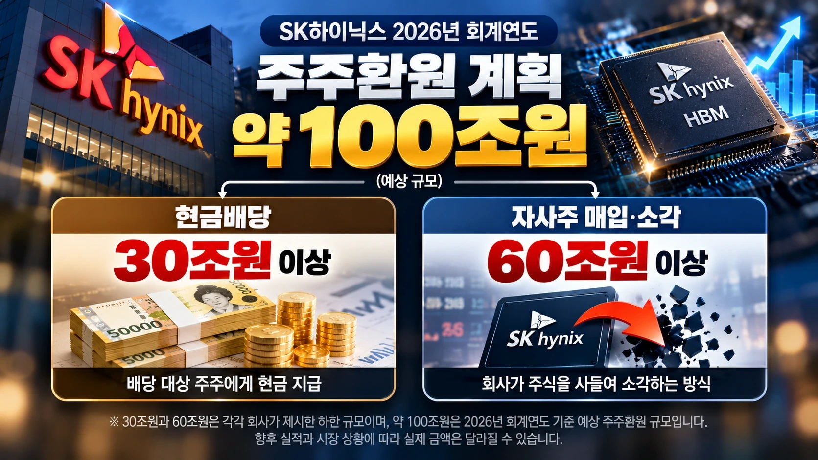 SK하이닉스 약 100조원 주주환원 계획의 현금배당과 자사주 매입 소각 규모를 구분한 인포그래픽