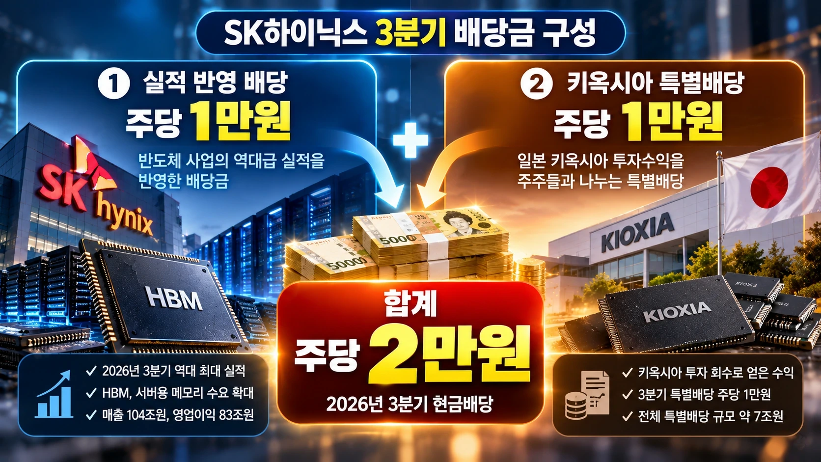 SK하이닉스 주당 2만원 배당금이 실적 반영 1만원과 키옥시아 특별배당 1만원으로 구성된다는 설명 그림