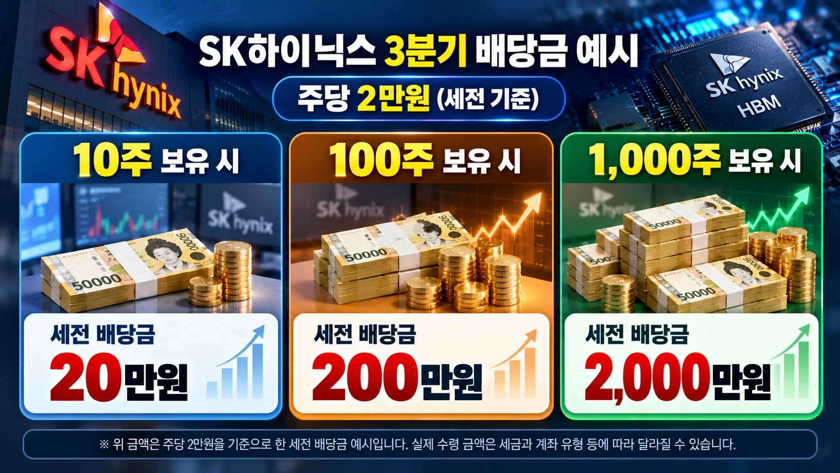 SK하이닉스 주식 10주 100주 1000주 보유 시 세전 배당금이 각각 20만원 200만원 2000만원임을 비교한 인포그래픽