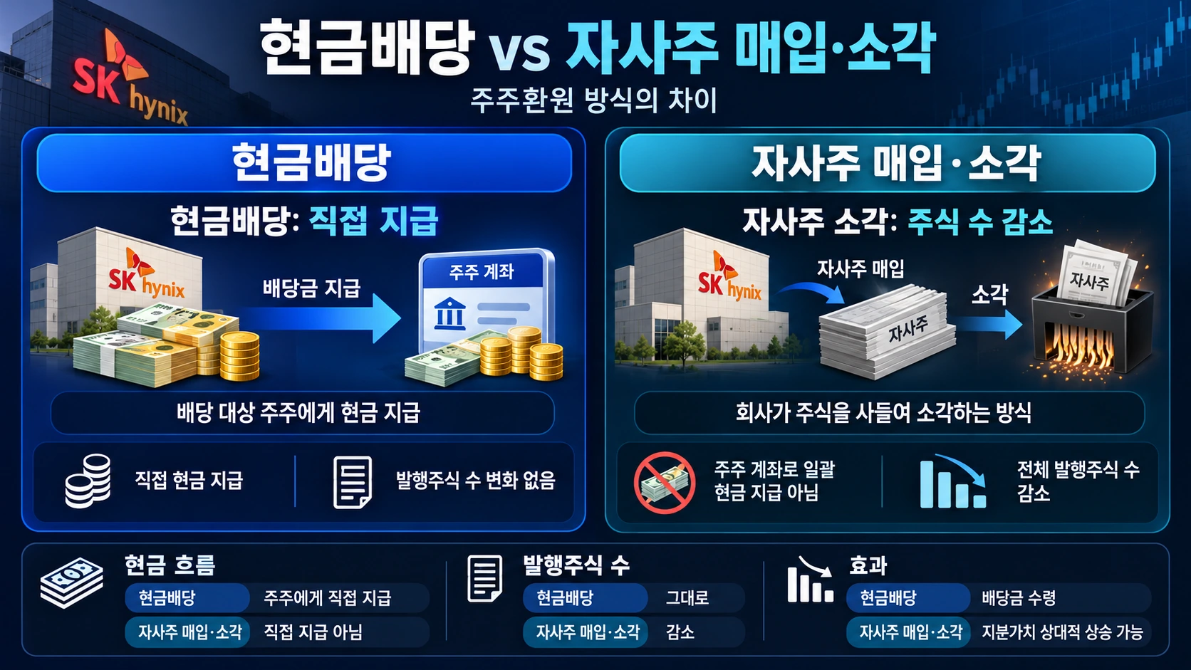 현금배당과 자사주 매입 소각의 차이를 현금 지급과 전체 주식 수 감소 구조로 비교한 설명 그림