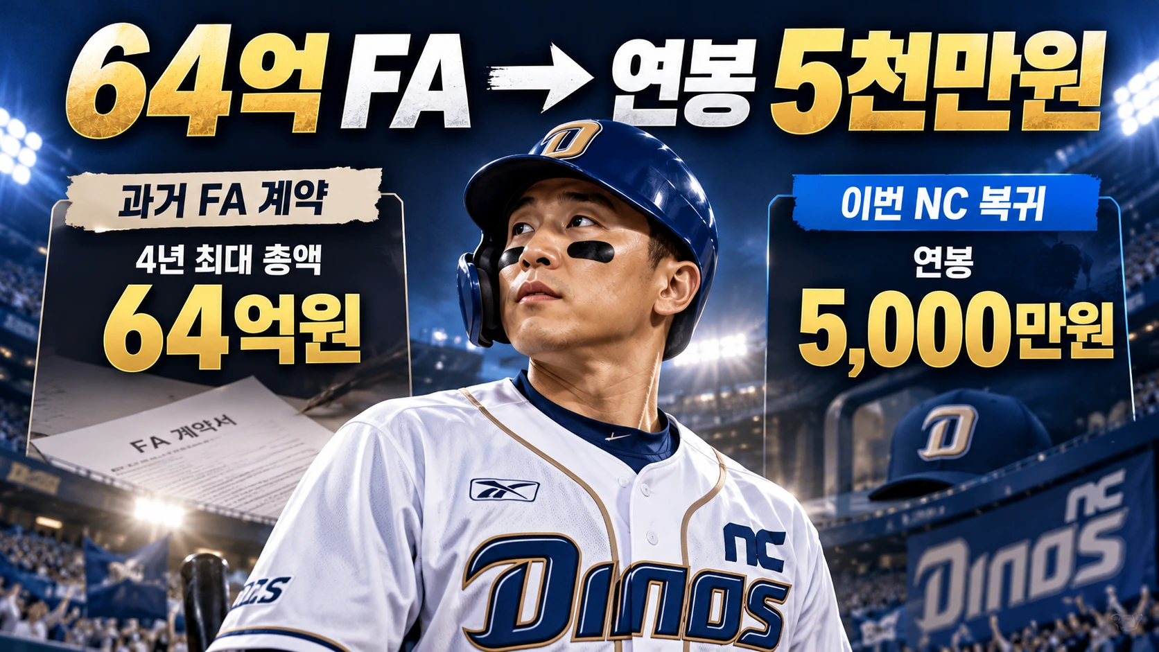 손아섭의 NC 다이노스 복귀와 과거 64억원 FA 계약 및 현재 연봉 5000만원을 대비한 대표 일러스트
