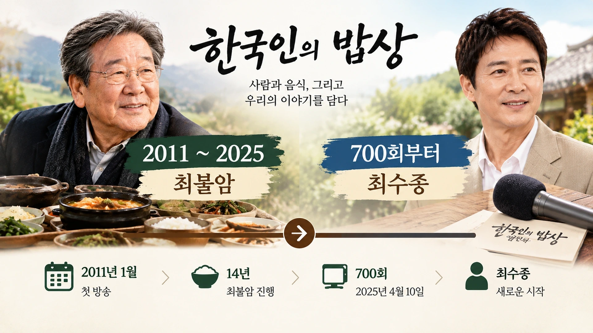한국인의 밥상 진행을 2011년부터 2025년까지 맡은 최불암과 후임 최수종의 진행 이력을 정리한 인포그래픽