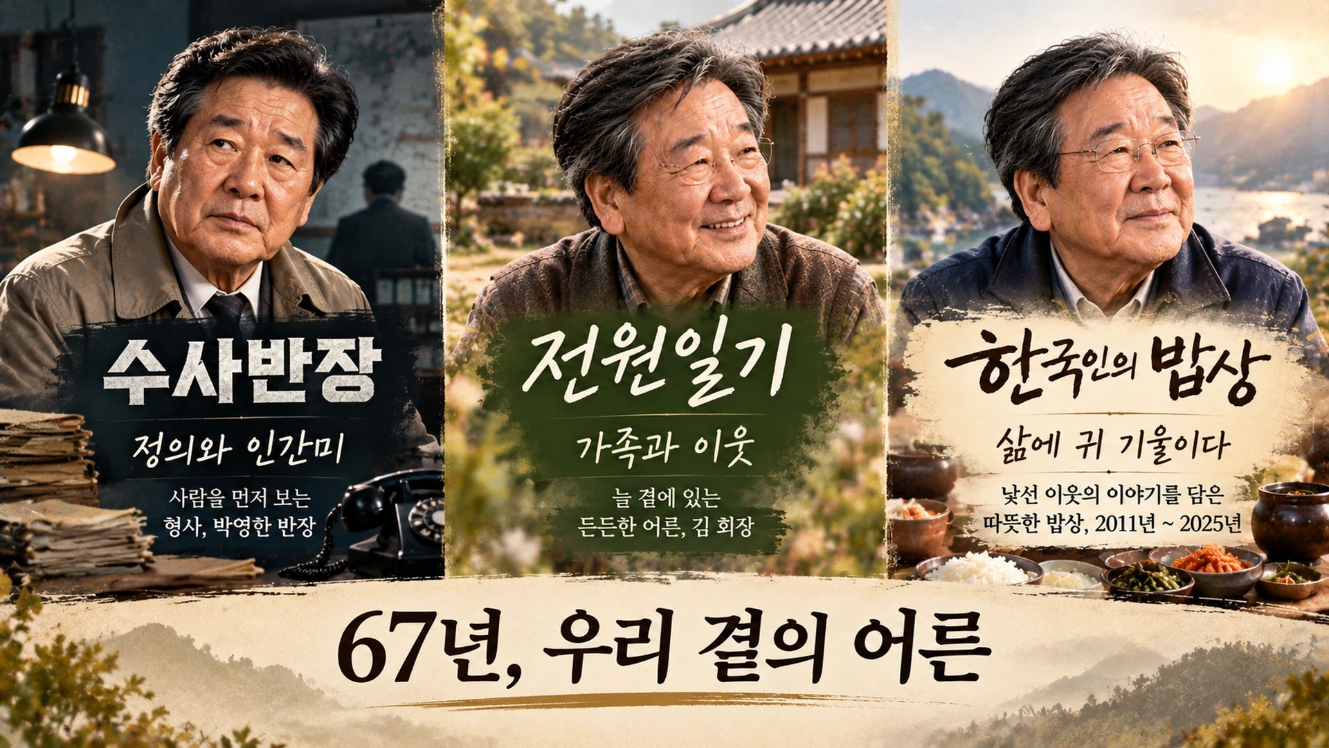 수사반장의 정의와 인간미, 전원일기의 가족과 이웃, 한국인의 밥상의 경청을 비교한 최불암 67년 활동 인포그래픽