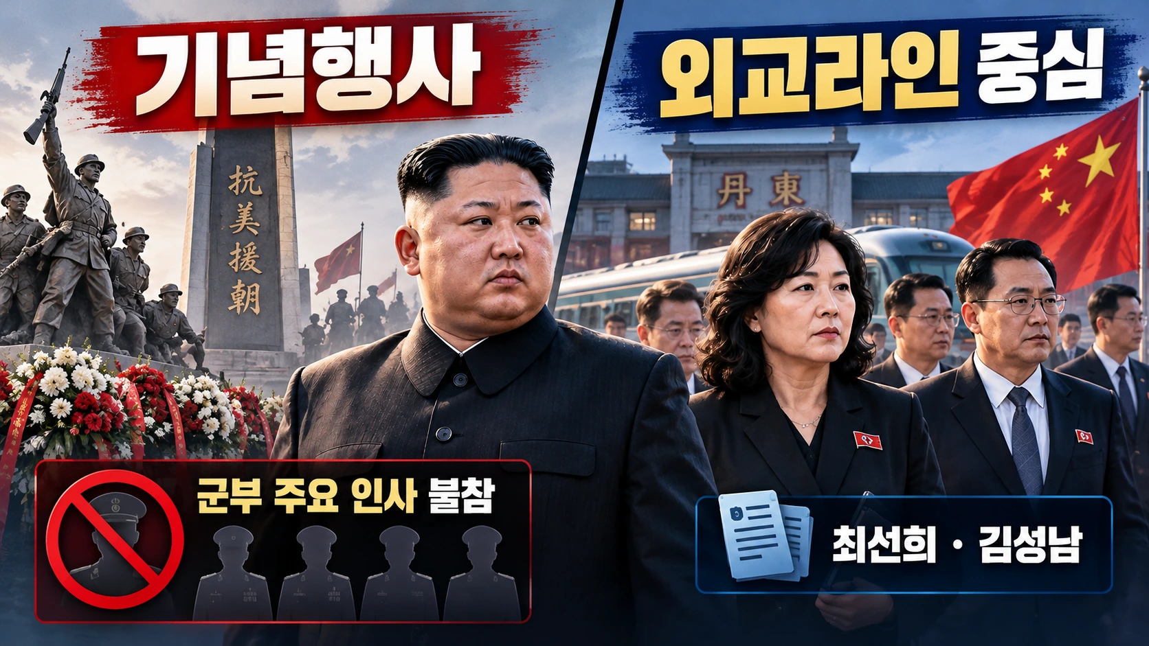 김정은의 단둥 방문에서 군부 인사는 빠지고 외교 담당 인사가 동행한 특징을 비교한 인포그래픽