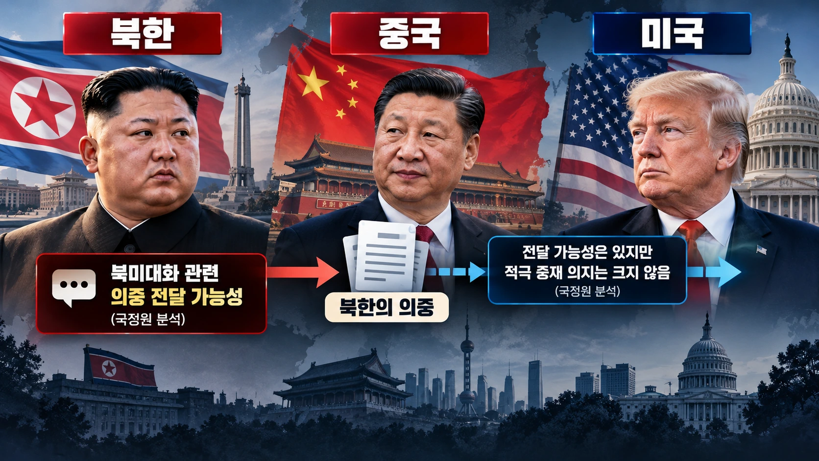 북한이 중국에 의중을 전달하고 중국이 미국에 메시지를 전할 수 있다는 국정원의 분석을 나타낸 관계도