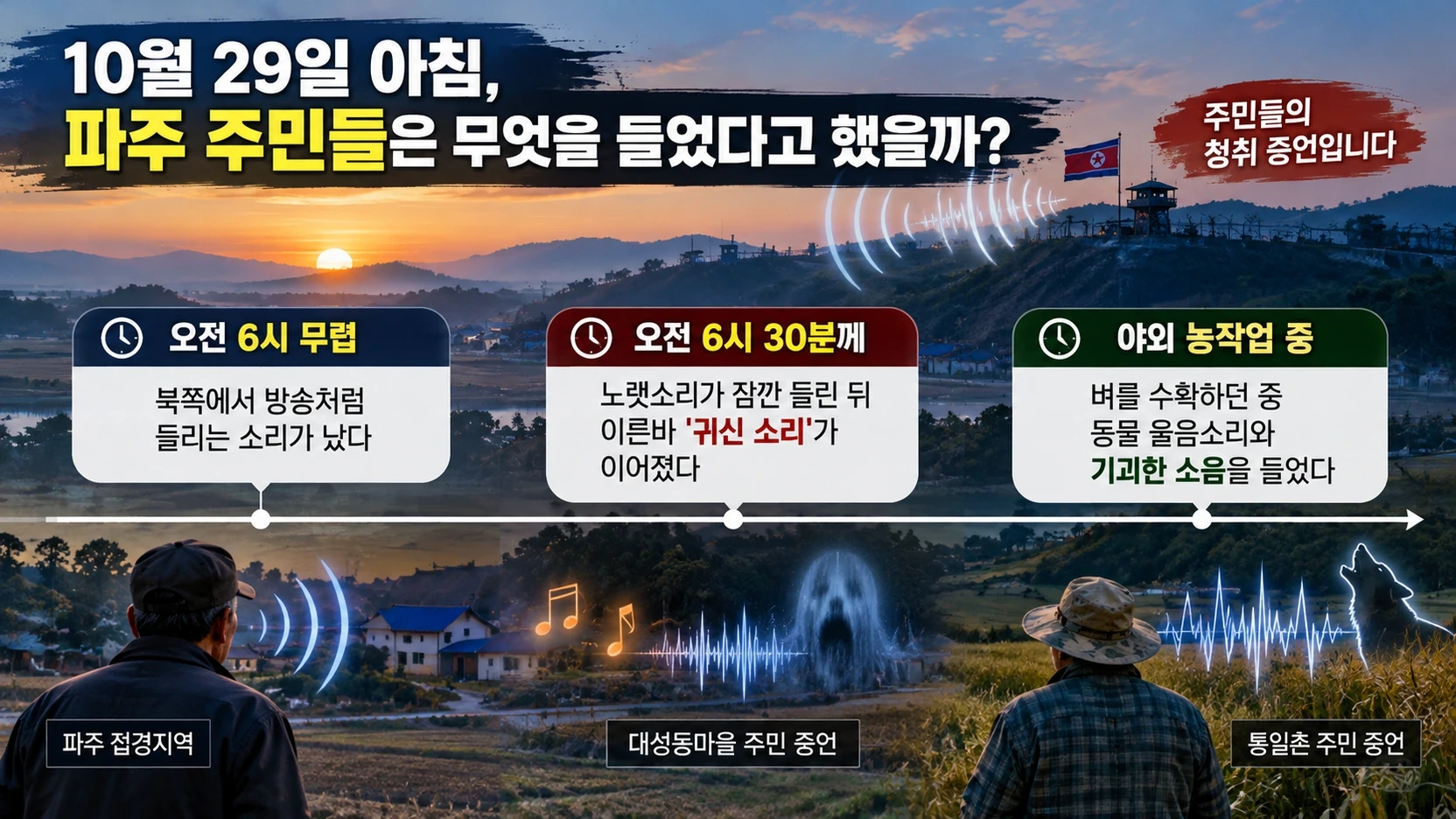 10월 29일 오전 대성동과 통일촌 주민들이 증언한 노랫소리와 이상한 소리의 시간대를 정리한 그림
