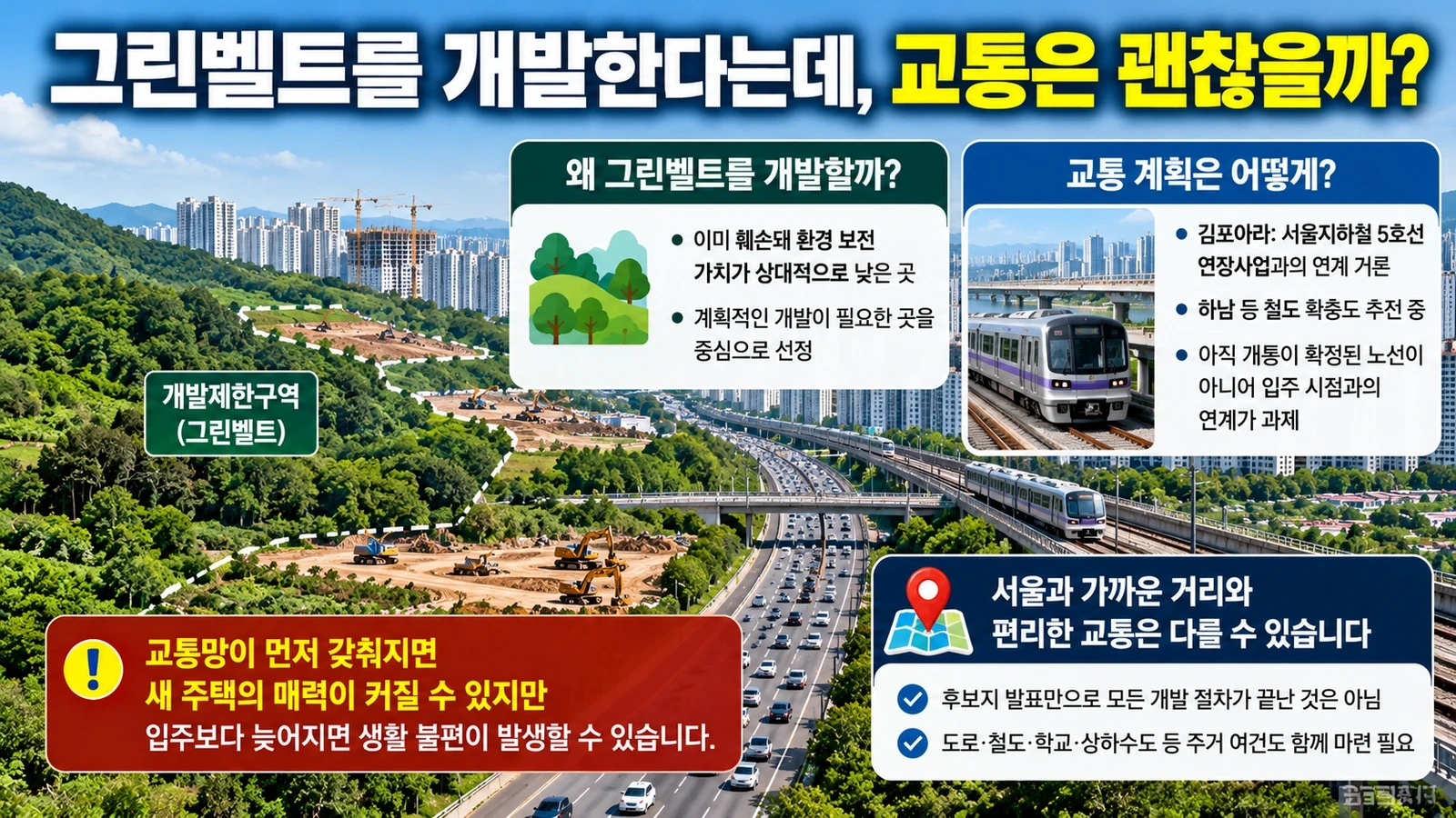 수도권 신규택지의 아파트 건설과 철도·도로 확충이 함께 진행돼야 하는 과제를 나타낸 일러스트