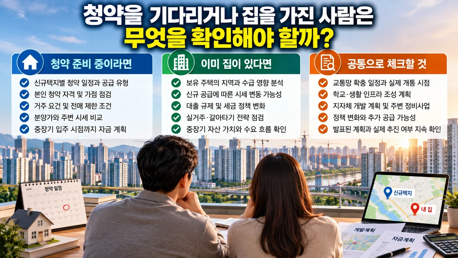 청약 준비자와 기존 주택 보유자의 확인사항 및 공통 점검 항목을 나누어 정리한 인포그래픽